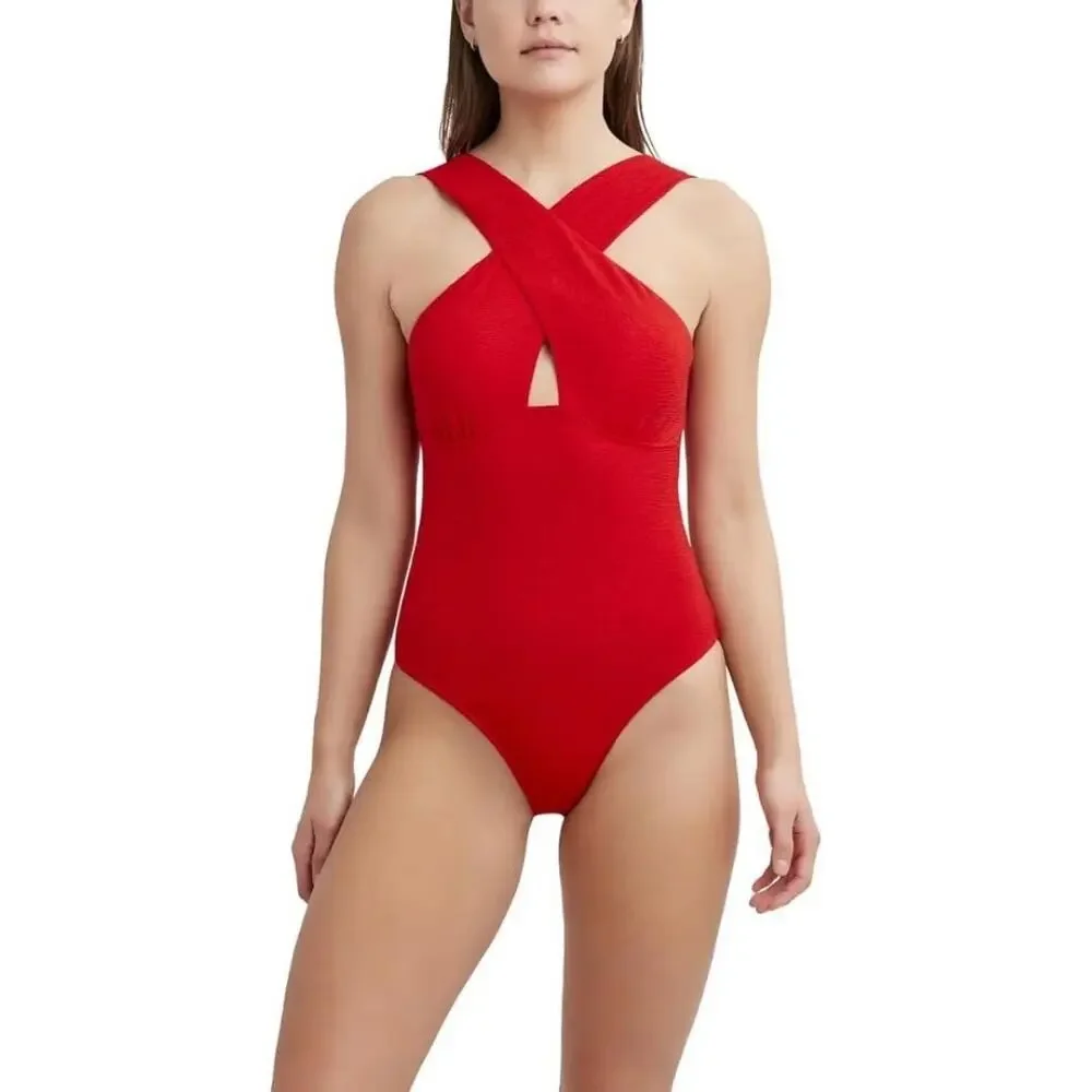 BCBG One Piece Swimsuit SIZE 10 Red Cross Front Off Shoulder Cutout NWT